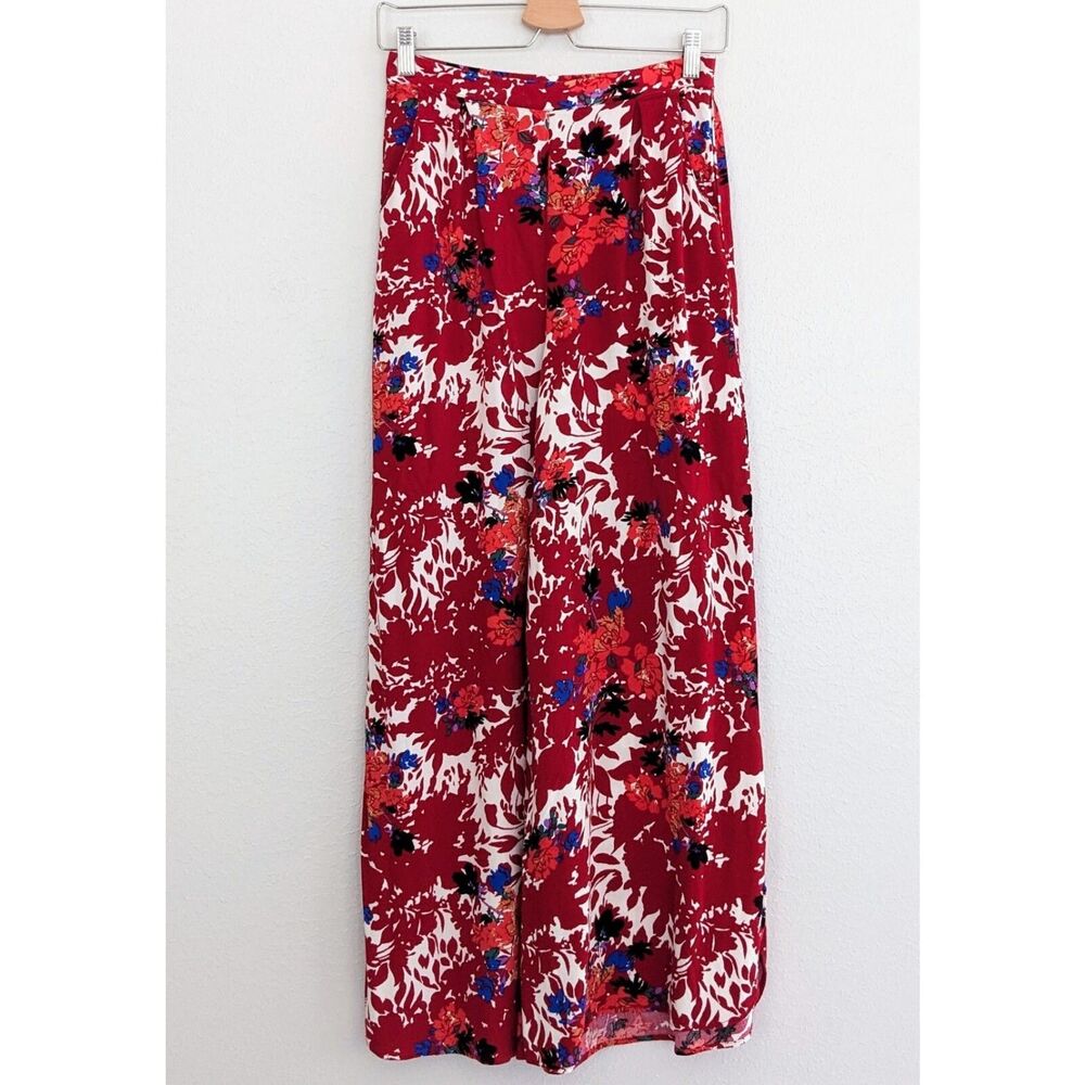 Free People Late Night Wide Leg Pants Floral Elastic Waist XS Red Blue - Picture 2 of 6
